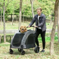 PawHut Dog Stroller 4 Wheels Pet Trolley Carrier Mesh Windows for Medium Large Dogs Traveling Grey(m-2)