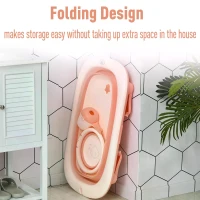 HOMCOM 3 in 1 Collapsible Baby Bath Tub Set Folding Kids Tub Wash Basin Shampoo Cup Non-Slip Support Leg for 0-3 Years, Pink(m-7)