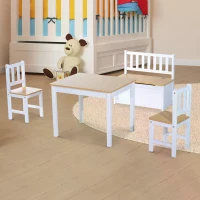 HOMCOM 4-Piece Kids Table and Chair Set with 2 Wooden Chairs, 1 Storage Bench, and Interesting Modern Design, Natural/White(m-10)