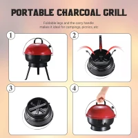 Outsunny Portable Small Charcoal Grill Barbecue BBQ Mini Tabletop Picnic Cooking Smoker Family Party Camping with Grid Tripod - Red(m-6)