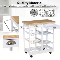 HOMCOM Rolling Kitchen Island Trolley Cart Drawer Shelves Basket Wheels W/  6 Bottle Wine Rack White(m-4)