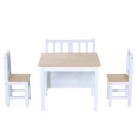 HOMCOM 4-Piece Kids Table and Chair Set with 2 Wooden Chairs, 1 Storage Bench, and Interesting Modern Design, Natural/White(m-7)