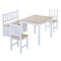 HOMCOM 4-Piece Kids Table and Chair Set with 2 Wooden Chairs, 1 Storage Bench, and Interesting Modern Design, Natural/White(m-11)