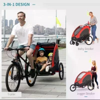 HOMCOM 3 In 1 Foldable Children Bike Trailer Kids Stroller Jogger Transport Buggy Carrier w/ Suspension Rubber Tires Adjustable Handlebar for 2 Kids Red and Black(m-4)