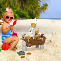 HOMCOM Pirate Ship Theme Sand and Water Table Beach Toy Set 2 in 1 Outdoor Activities Playset for Kids with Accessories 26 Pcs Garden Sandpit Sandbox for Beach Bath 3 Years Old Toddlers(m-2)
