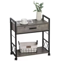 HOMCOM Industrial Style Side Table with 1 Drawer, Shelf, Wheels Wooden Bedside Table Night Stand, Home Furniture, Grey(m-4)