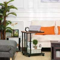 HOMCOM Side Table that Slides under Couch, Mobile Sofa Side End Coffee Table Metal Frame Rolling Castors Storage Wooden Trolly(m-2)