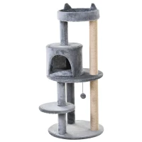 PawHut 104 cm Cat Tree, Cat Condo Tree Tower, Cat Activity Centre with Scratching Posts, Plush Perch, Hanging Ball - Grey(m-1)