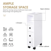 kleankin Slimline Bathroom Storage Unit w/ 2 Drawers 2 Open Compartments Wheels Handles Freestanding Compact Home Office Furniture White(m-4)