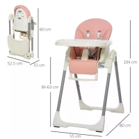 HOMCOM Foldable Baby High Chair Convertible Feeding Chair Height Adjustable with Adjustable Backrest Footrest and Removable Tray 5 Point Safety Harness for Kids 6 - 36 Months Pink(m-3)