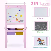 HOMCOM Kids Easel 3 in 1 Wooden Art Easel with Paper Roll Double-Sided Chalkboard & Whiteboard with Storage Baskets for Toddler Girls, Pink(m-4)