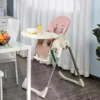 HOMCOM Foldable Baby High Chair Convertible Feeding Chair Height Adjustable with Adjustable Backrest Footrest and Removable Tray 5 Point Safety Harness for Kids 6 - 36 Months Pink(m-2)