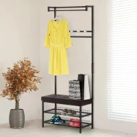 HOMCOM Coat Rack Entryway Coat Hanging Hat Bags Hook Storage Hallway Storage Shelf Footrest Bench Metal Multi Purpose(m-10)