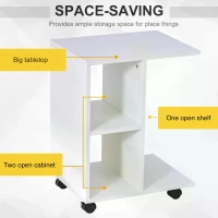HOMCOM C-Shape End Table Unique Storage Unit w/ 2 Shelves 4 Wheels Freestanding Home Furniture Cabinet Square White(m-4)