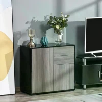 HOMCOM High Gloss Frame Sideboard, Side Cabinet, Push-Open Design with 2 Drawer for Living Room, Bedroom, Light Grey and Black(m-2)