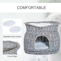 PawHut 2-Tier Wicker Cat House Elevated Pet Bed Basket Willow Kitten Tower Pet Den. Cozy Cave with Washable Cushions 56x37x40cm Grey(m-6)