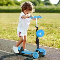 HOMCOM 5-in-1 Kids Toddler 3 Wheels Mini Kick Scooter Push Walker with Removable Seat & Back Rest for Girls and Boys Blue(m-10)