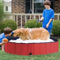 PawHut Foldable Dog Paddling Pool Pet Cat Swimming Pool Indoor/Outdoor Collapsible Summer Bathing Tub Shower Tub Puppy Washer (Φ140 x 30H (cm), Red)(m-10)