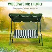 Outsunny 3 Seater Canopy Swing Chair Outdoor Garden Bench with Sun Cover Metal Frame - Green Stripes(m-7)