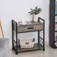 HOMCOM Industrial Style Side Table with 1 Drawer, Shelf, Wheels Wooden Bedside Table Night Stand, Home Furniture, Grey(m-2)