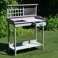 HOMCOM Garden Potting Table with Sink, Blackboard and Drawer, Wooden Planting Work Bench Workstation Outdoor Tool Storage Shelves(m-10)