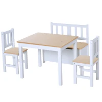 HOMCOM 4-Piece Kids Table and Chair Set with 2 Wooden Chairs, 1 Storage Bench, and Interesting Modern Design, Natural/White(m-1)