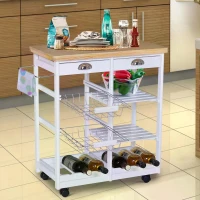 HOMCOM Rolling Kitchen Island Trolley Cart Drawer Shelves Basket Wheels W/  6 Bottle Wine Rack White(m-14)