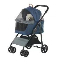 PawHut No-zip Detachable Pet Stroller Foldable Dog Cat Travel Carriage 2-In-1 Design Carrying Bag with Universal Wheel Brake Canopy Basket Storage Bag Dark Blue(m-3)