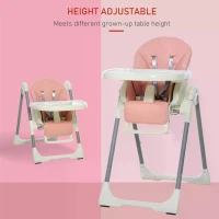 HOMCOM Foldable Baby High Chair Convertible Feeding Chair Height Adjustable with Adjustable Backrest Footrest and Removable Tray 5 Point Safety Harness for Kids 6 - 36 Months Pink(m-4)
