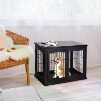 PawHut 66cm/26'' Wooden Decorative Dog Cage Pet Crate Double Door Small Animal with Tabletop, Black(m-2)