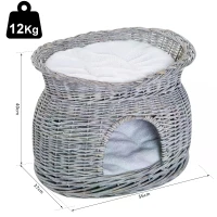 PawHut 2-Tier Wicker Cat House Elevated Pet Bed Basket Willow Kitten Tower Pet Den. Cozy Cave with Washable Cushions 56x37x40cm Grey(m-3)