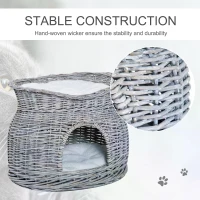 PawHut 2-Tier Wicker Cat House Elevated Pet Bed Basket Willow Kitten Tower Pet Den. Cozy Cave with Washable Cushions 56x37x40cm Grey(m-4)