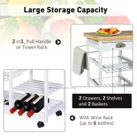 HOMCOM Rolling Kitchen Island Trolley Cart Drawer Shelves Basket Wheels W/  6 Bottle Wine Rack White(m-5)