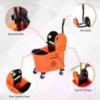HOMCOM 36L Mop Bucket Wringer Cart w/ Down Press Wringer, Wheels, Mop-Handle Holder, Orange(m-6)