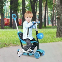 HOMCOM 5-in-1 Kids Toddler 3 Wheels Mini Kick Scooter Push Walker with Removable Seat & Back Rest for Girls and Boys Blue(m-2)