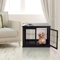 PawHut 66cm/26'' Wooden Decorative Dog Cage Pet Crate Double Door Small Animal with Tabletop, Black(m-6)