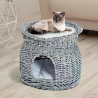 PawHut 2-Tier Wicker Cat House Elevated Pet Bed Basket Willow Kitten Tower Pet Den. Cozy Cave with Washable Cushions 56x37x40cm Grey(m-2)