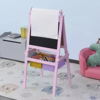 HOMCOM Kids Easel 3 in 1 Wooden Art Easel with Paper Roll Double-Sided Chalkboard & Whiteboard with Storage Baskets for Toddler Girls, Pink(m-10)