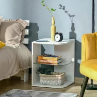 HOMCOM Modern Side Table Three Layer Bedside Table Nightstand with 2 Storage Shelves, for Living room, Bedroom, White(m-2)