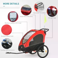 HOMCOM 3 In 1 Foldable Children Bike Trailer Kids Stroller Jogger Transport Buggy Carrier w/ Suspension Rubber Tires Adjustable Handlebar for 2 Kids Red and Black(m-5)