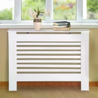 HOMCOM MDF Radiator Cover Wooden Cabinet Shelving Home Office Vertical Slattted Vent White  112L x 19W x 81H(m-2)