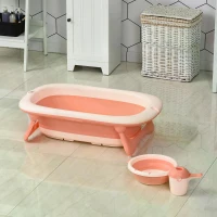 HOMCOM 3 in 1 Collapsible Baby Bath Tub Set Folding Kids Tub Wash Basin Shampoo Cup Non-Slip Support Leg for 0-3 Years, Pink(m-10)