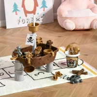 HOMCOM Pirate Ship Theme Sand and Water Table Beach Toy Set 2 in 1 Outdoor Activities Playset for Kids with Accessories 26 Pcs Garden Sandpit Sandbox for Beach Bath 3 Years Old Toddlers(m-10)