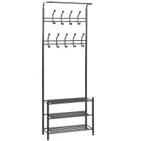 HOMCOM Coat Rack Stand Hall Tree Hallway Furniture with 18 Hooks 3-Tier Shoe Rack Metal Frame for Entryway Bedroom Living Room Black(m-10)
