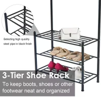 HOMCOM Coat Rack Stand Hall Tree Hallway Furniture with 18 Hooks 3-Tier Shoe Rack Metal Frame for Entryway Bedroom Living Room Black(m-5)