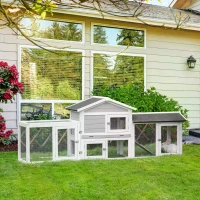 PawHut 2 Tier Wooden Rabbit Hutch Small Pet House Bunny Run Cage with Pull Out Tray Ramps Lockable Doors Large Run Area Asphalt Roof for Outdoor Grey(m-2)