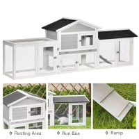 PawHut 2 Tier Wooden Rabbit Hutch Small Pet House Bunny Run Cage with Pull Out Tray Ramps Lockable Doors Large Run Area Asphalt Roof for Outdoor Grey(m-5)