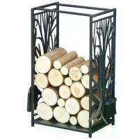 HOMCOM Steel Firewood Log Holder Indoor Outdoor Firewood Rack Fireplace Wood Storage Shelf with 4 Tools, Hooks, Tree Pattern Design, Rust-Resistant, Black, 46W x 30D x 70H cm(m-10)