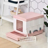 PawHut Cat Litter Box 54 x 43 x 42cm Foldable Full Enclosed Odor Control Handle Indoor Outdoor White and Pink ABS(m-7)