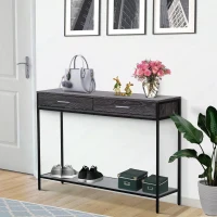 HOMCOM Console Table Worktop Bottom Shelf Home Two Drawer Industrial Minimal Style Grey Wood Tone Effect(m-2)
